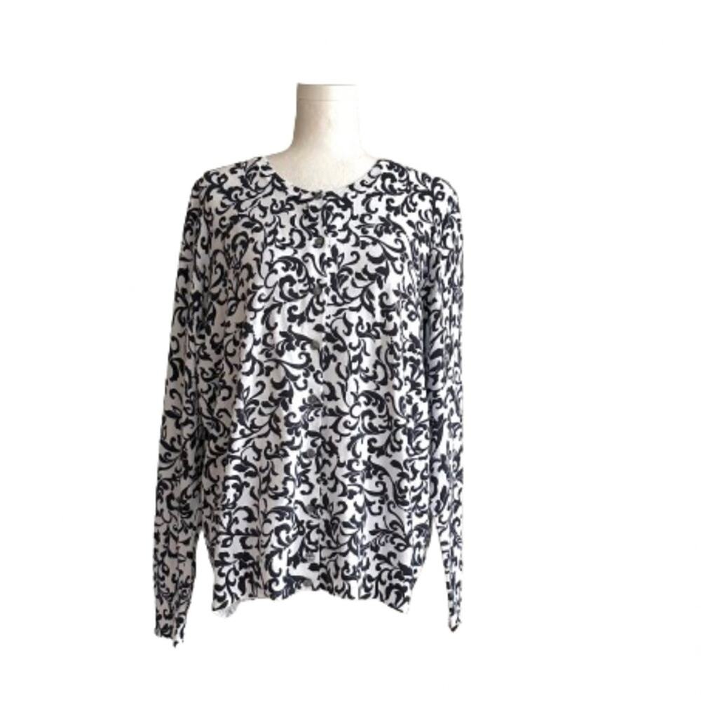 Karen Scott Cardigan Sweater Woman White Blue Jacquard Scroll Print Size 0X NEW